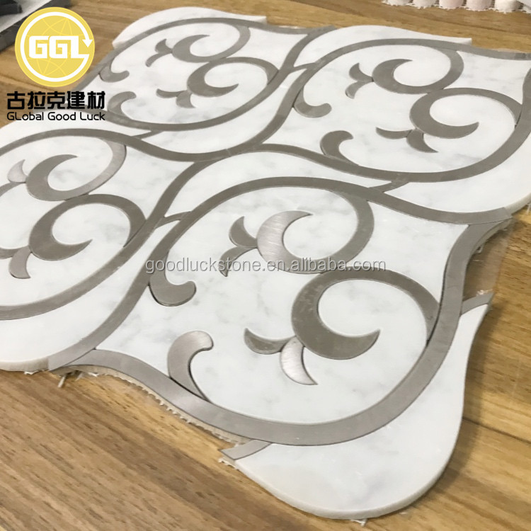 ক্যারারা হোয়াইট ইনলে স্টেনলেস স্টিল মোজাইক মার্বেল বিয়ানকো মেটাল মোজাইক টাইল