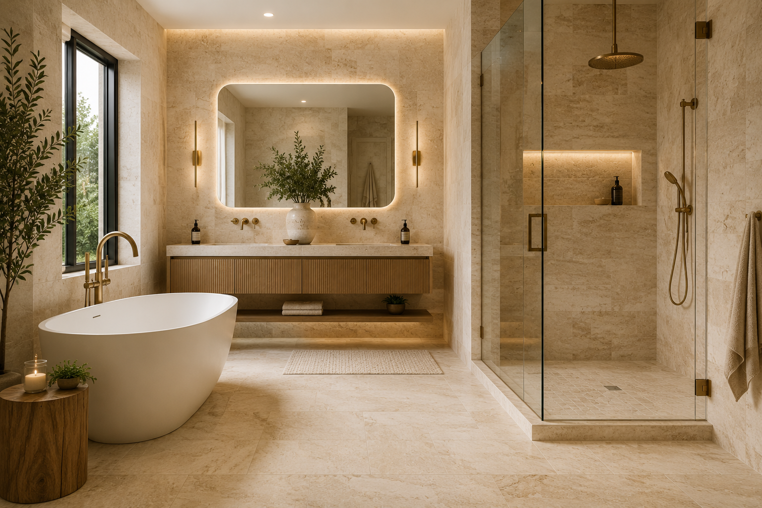Quiet spa inspired bathroom interior with natural materials and restrained neutral palette
