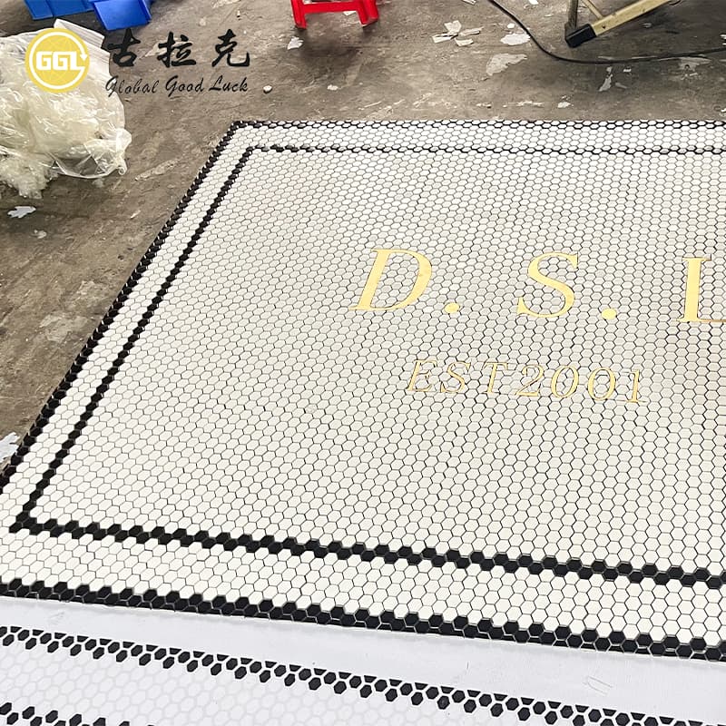 Custom Hexagon Ceramic Mosaic Floor Art with Personalized Logo and Lettering