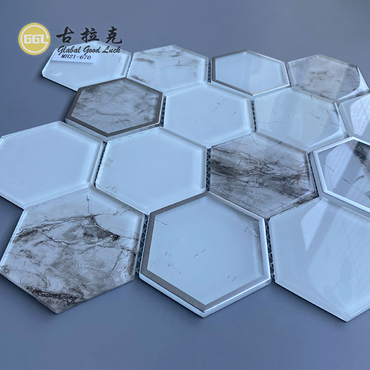 White Glass Mosaic With Stone Pattern Crystal Glass Mosaic Tile Wall Decor