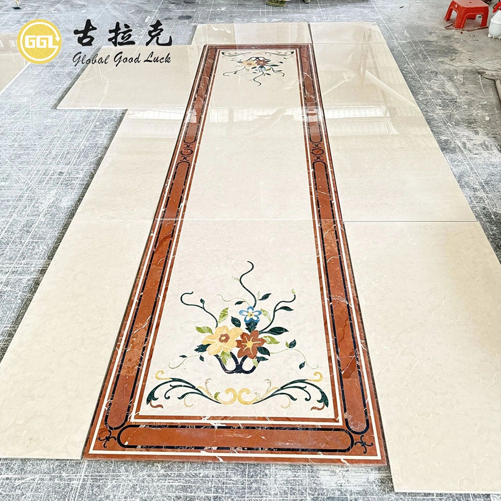 Custom Royal Botticino Marble Waterjet Floor Inlay