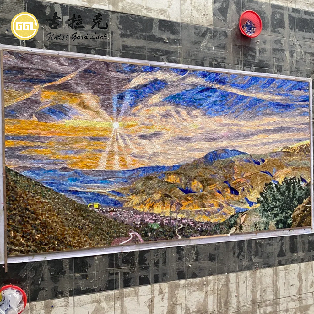 Sunset Landscape Mosaic Mural – Handmade Artistic Wall Decor for Luxury Interiors