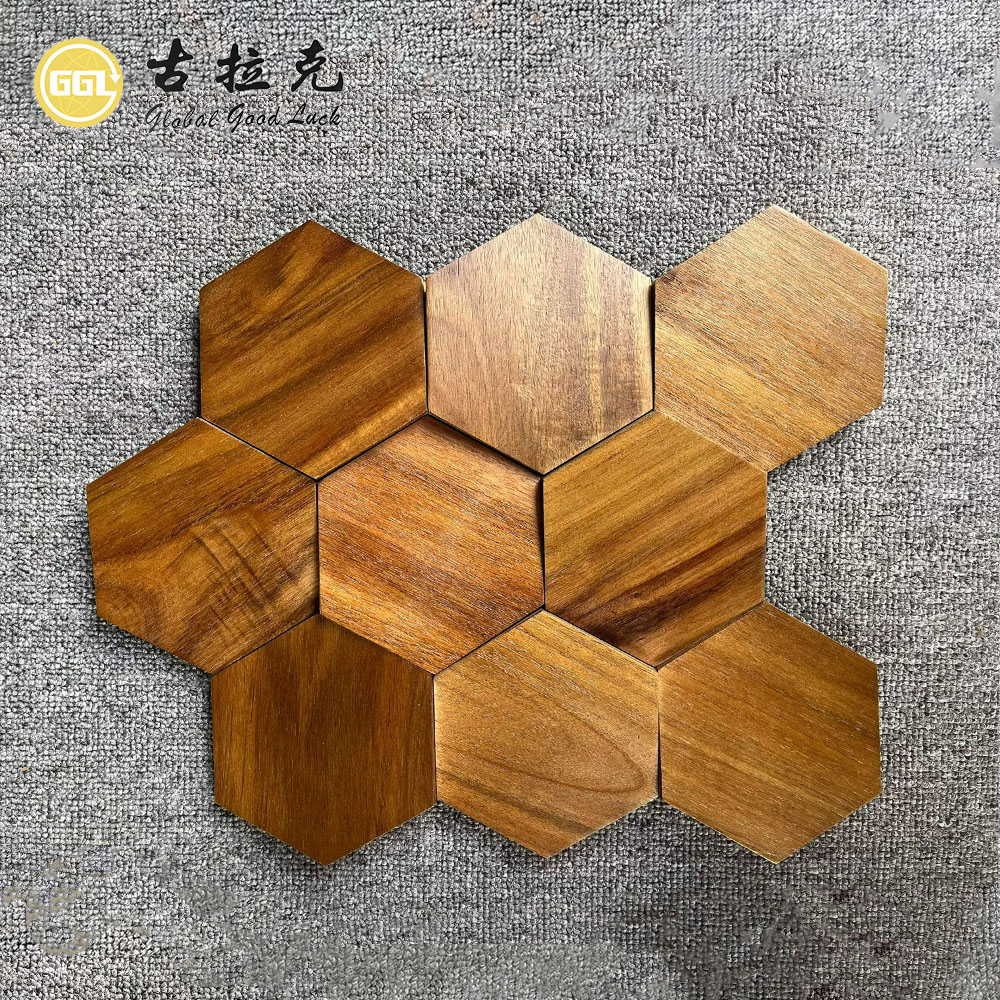 Ubin Mosaik Kayu Alami | Panel Dinding Mosaik Kayu Berbentuk Heksagon untuk Dinding Fitur Interior