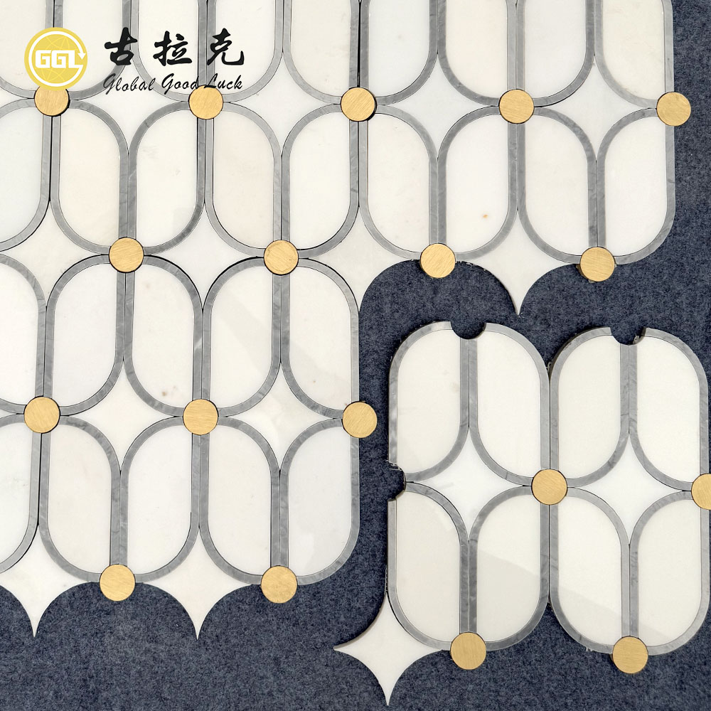 Luxury Waterjet Marble Mosaic Tile with Brass Inlay | Sichuan White & Italian Grey Marble