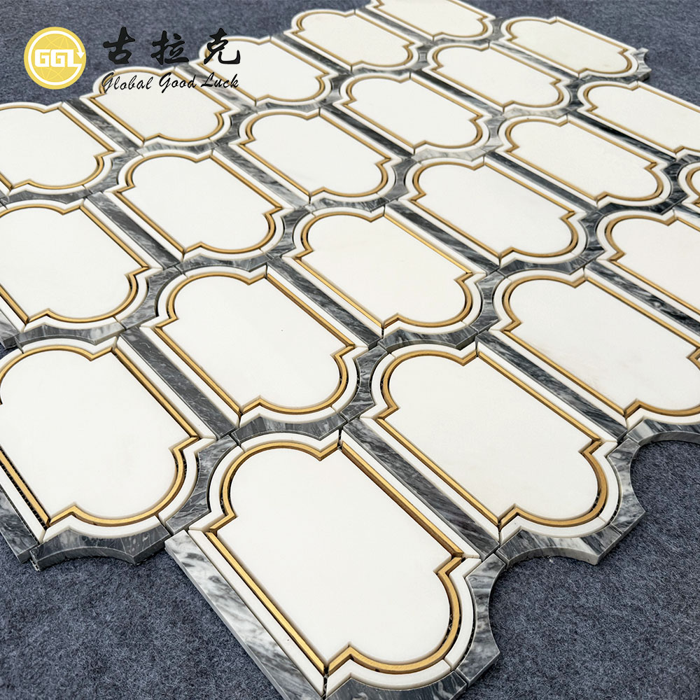 Bespoke Florence Grey Marble Mosaic with Brass Inlay | Architectural Waterjet Stone Design