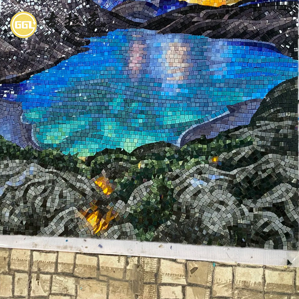 لوحة فسيفسائية مخصصة من الزجاج بتصميم بحيرة ليلية | فن جداري فسيفسائي طبيعي