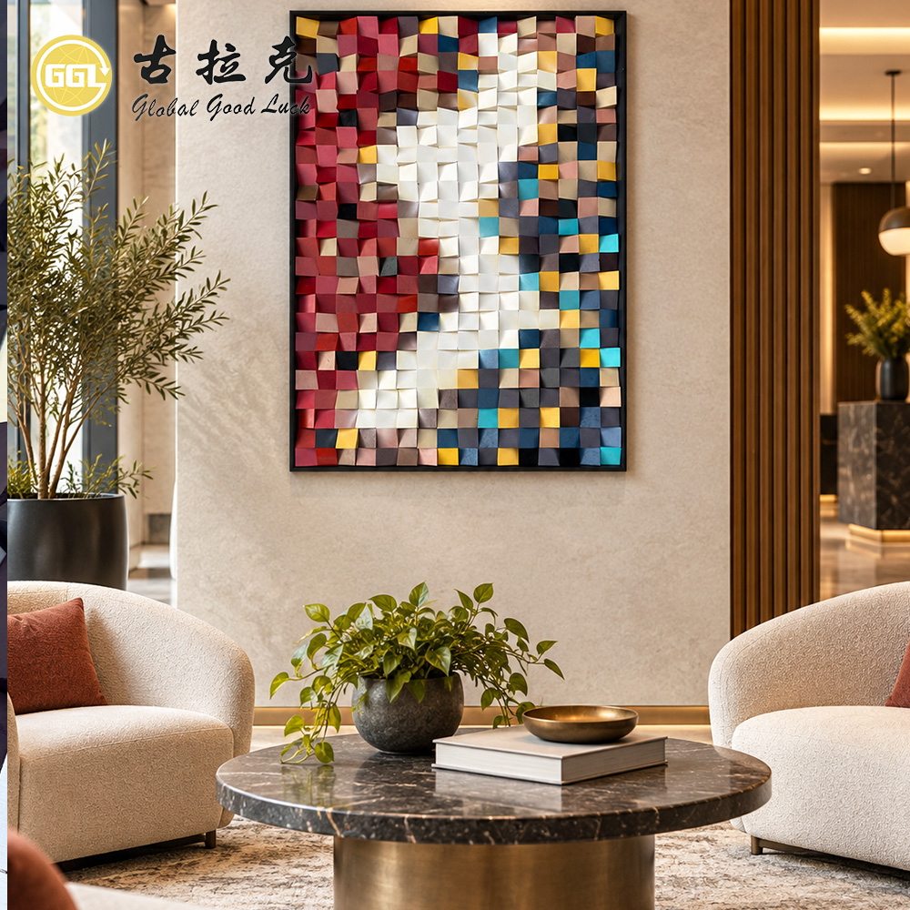 Handmade 3D Abstract Color Block Wood Mosaic Mural