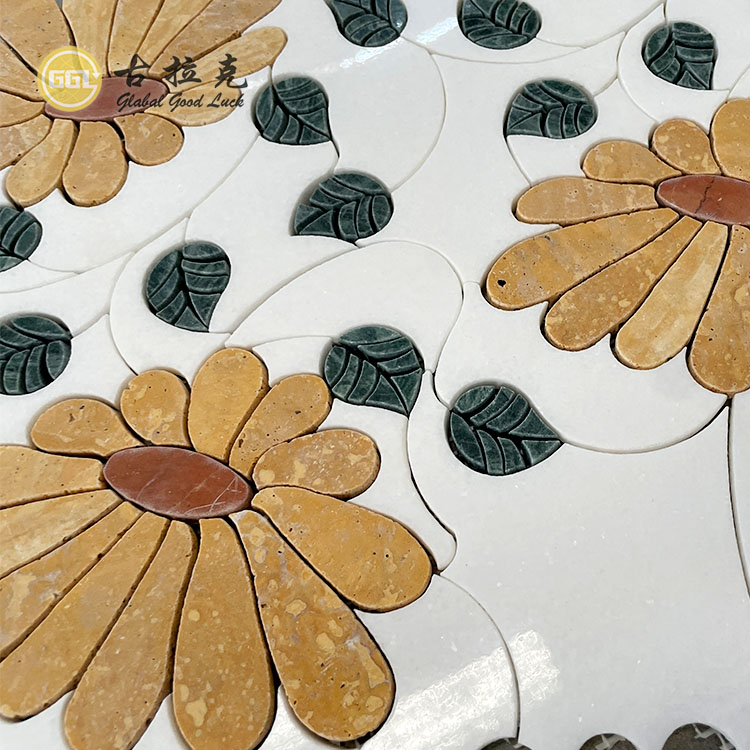 Elegante Sonneblom Mosaïek Tegel Water Jet Marmer Mosaïek vir Tuis Dekor