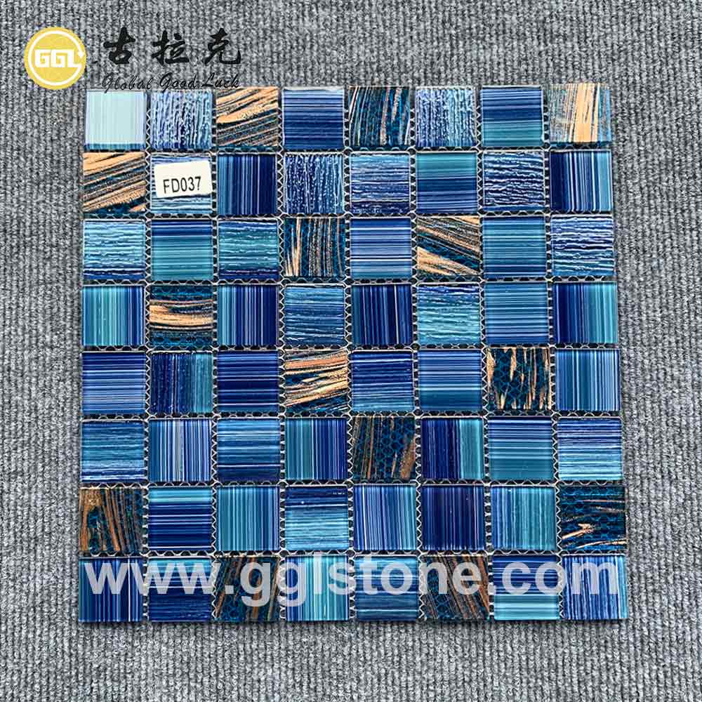 Blue & Gold Iridescent Glass Mosaic Pool Tile | GGL