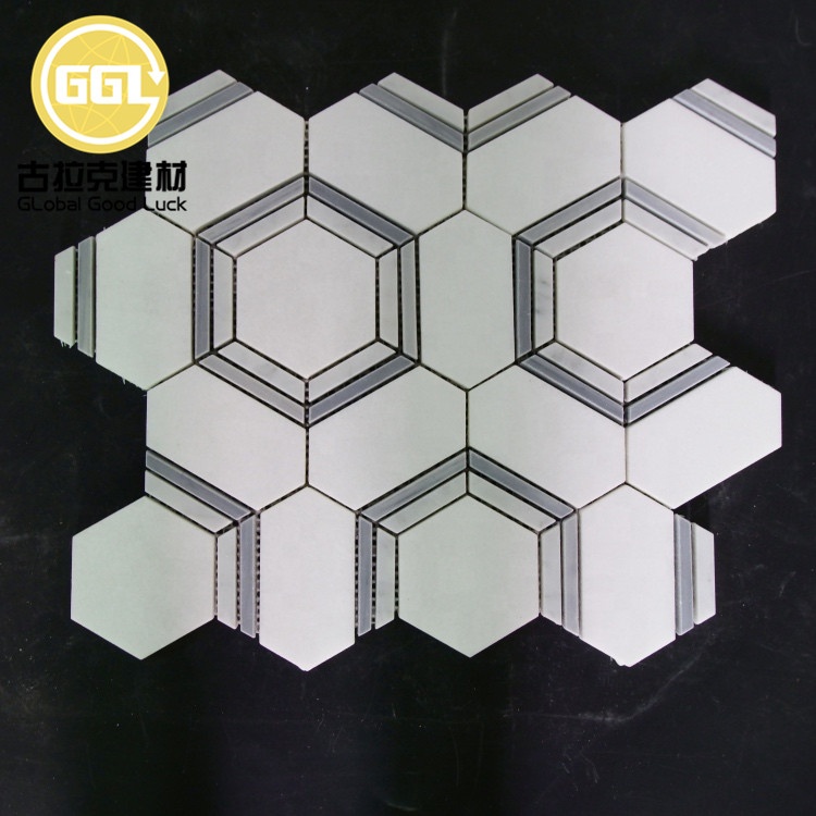 Contemporanea Hexagona Pattern Design Alba et Grisea Marmoris Mosaicum Tegula pro Balneo aut Coquina