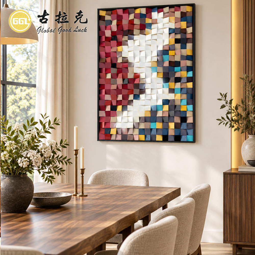 Handmade 3D Abstract Color Block Wood Mosaic Mural