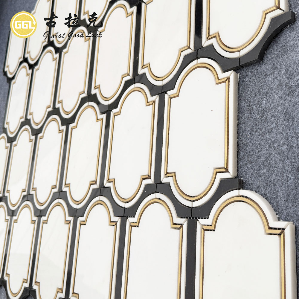 Classic Black & White Marble Waterjet Mosaic with Brass Inlay | Custom Stone Wall Tile