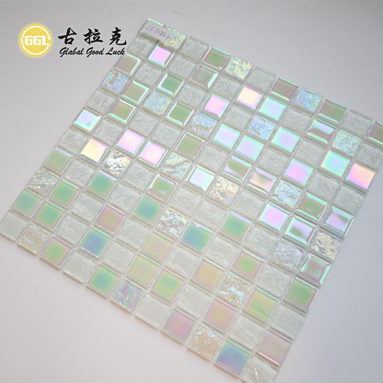 Backplash Wall Decor White Mix Green Rainbow Crystal Glass Mosaic Tile for Swimming Pool