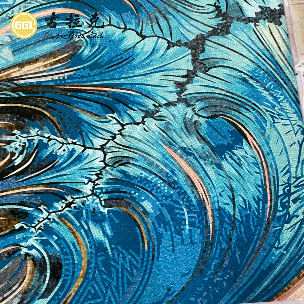 Custom Blue Wave Mosaic Mural for Luxury Interior Wall Decoration
