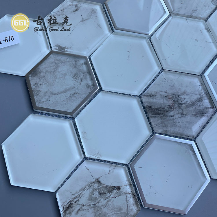 White Glass Mosaic With Stone Pattern Crystal Glass Mosaic Tile Wall Decor