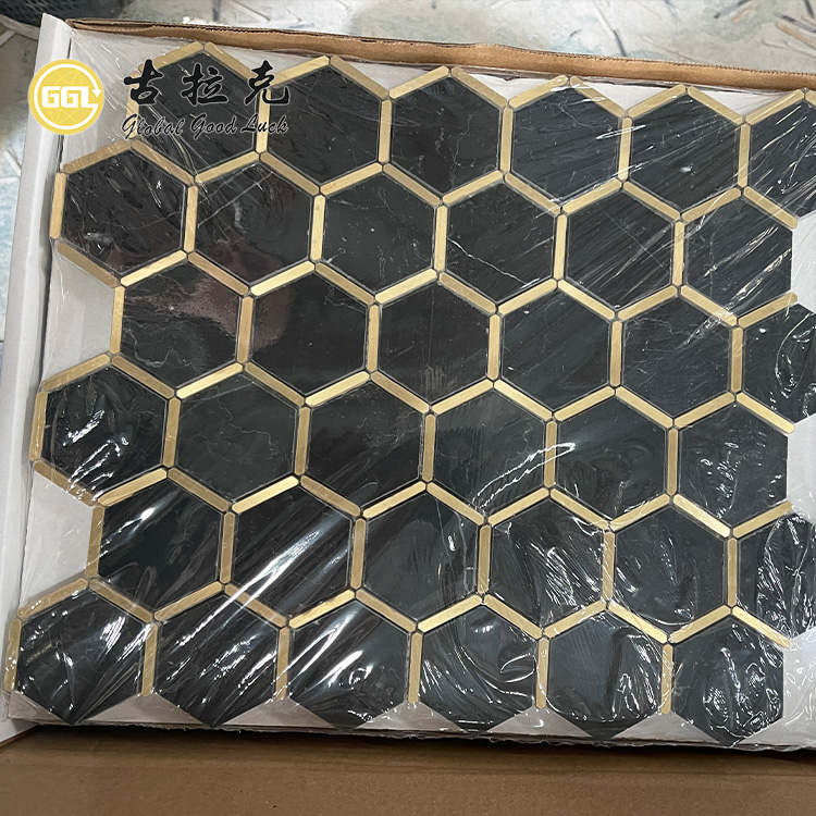 Nero Marquina Mermer Karışımı Bakır Mozaik Çini Su Jeti Altıgen Siyah Duvar Çini