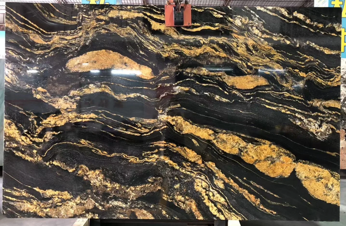 Black and gold Gold Silk Granite slab with stronger golden veining