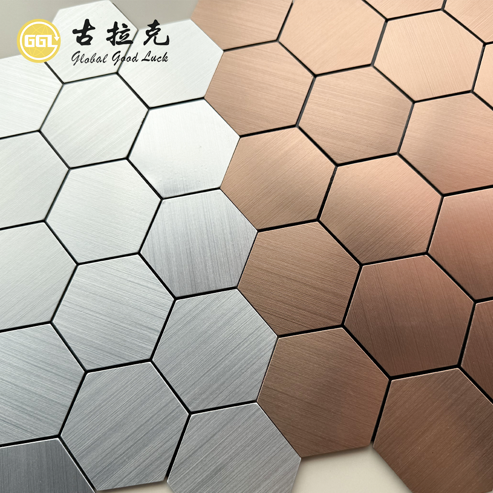 Goud self-klevende heksagon mozaïekteël – pluk-en-plak aluminium saamgestelde paneel mozaïek vir binnesmuur versiering