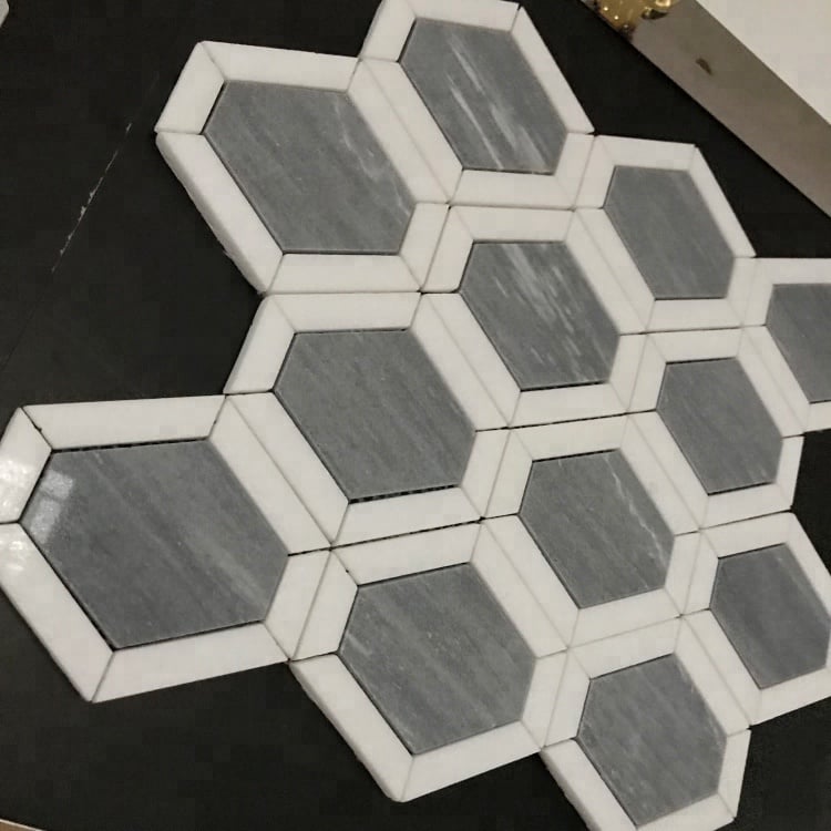4 Zoll Sechseckmuster Marmor Grau Mix Weiß Mosaikfliese für Badezimmer Rückwand Wand Boden Dekor