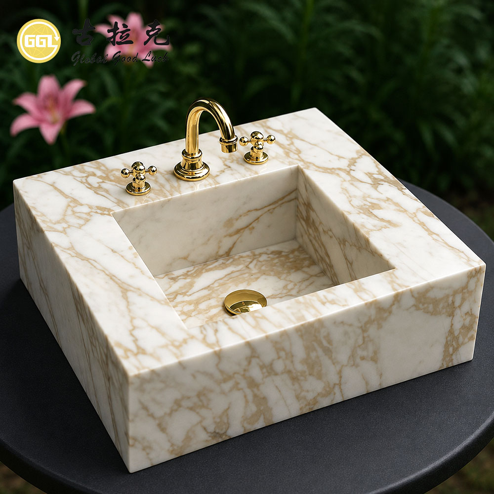 Italienischer Calacatta-Gold-Marmor-Waschtisch | Individueller Luxus-Badezimmer-Waschbecken