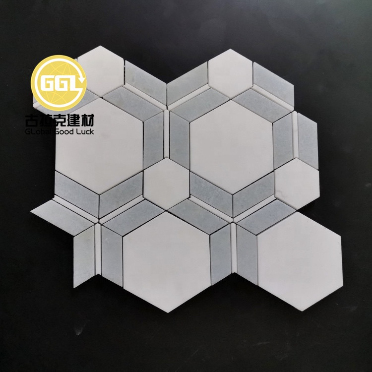 Xiamen Fabrik Lieferung Weiß-Grau Marmor Kombination von Sechseck- und Quadrat-Mosaikfliesen für Badezimmerwände/-Boden Dekoration