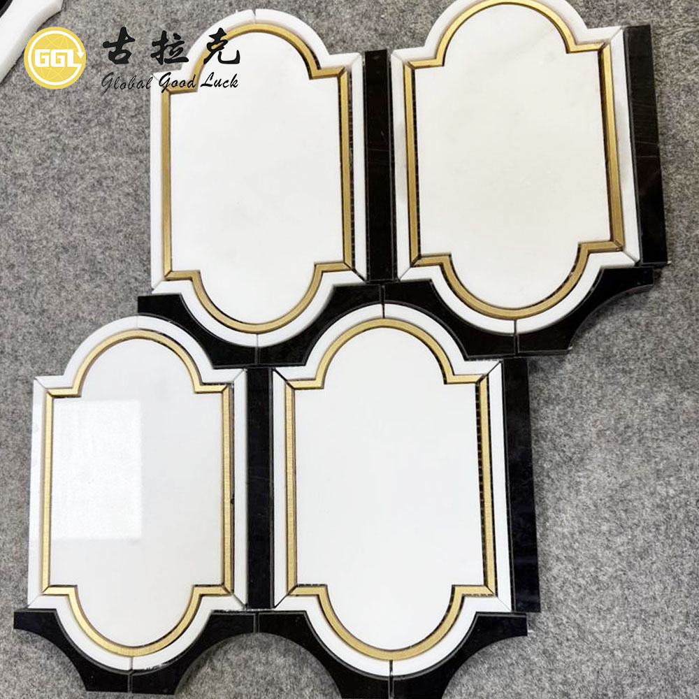 Classic Black & White Marble Waterjet Mosaic with Brass Inlay | Custom Stone Wall Tile