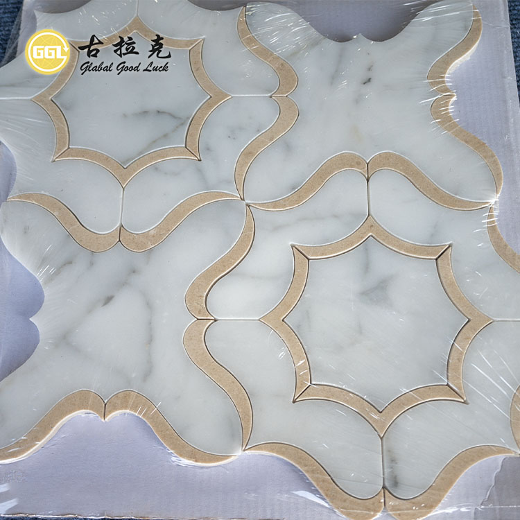 Calacatta White Mix Beige Patterns Marble Waterjet Mosaic Tile for Interior Decor