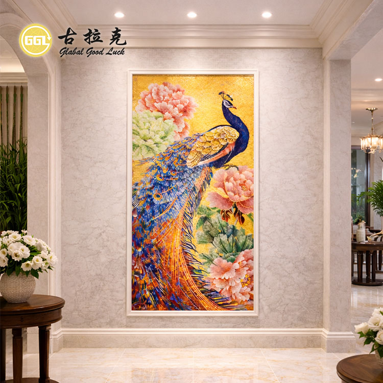 Mural de Mosaico em Vidro Personalizado com Pássaro Pavão | Arte Paredes em Mosaico Floral Artesanal