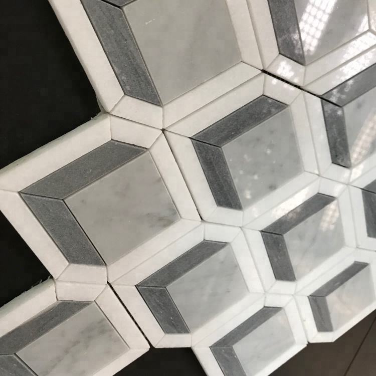 4 Zoll Thassos Weiße Mischkombinierte Hell- und Dunkelblaue Fliese Edles Diamantdesign Marmor Mosaikfliese für Kamin Dekoration
