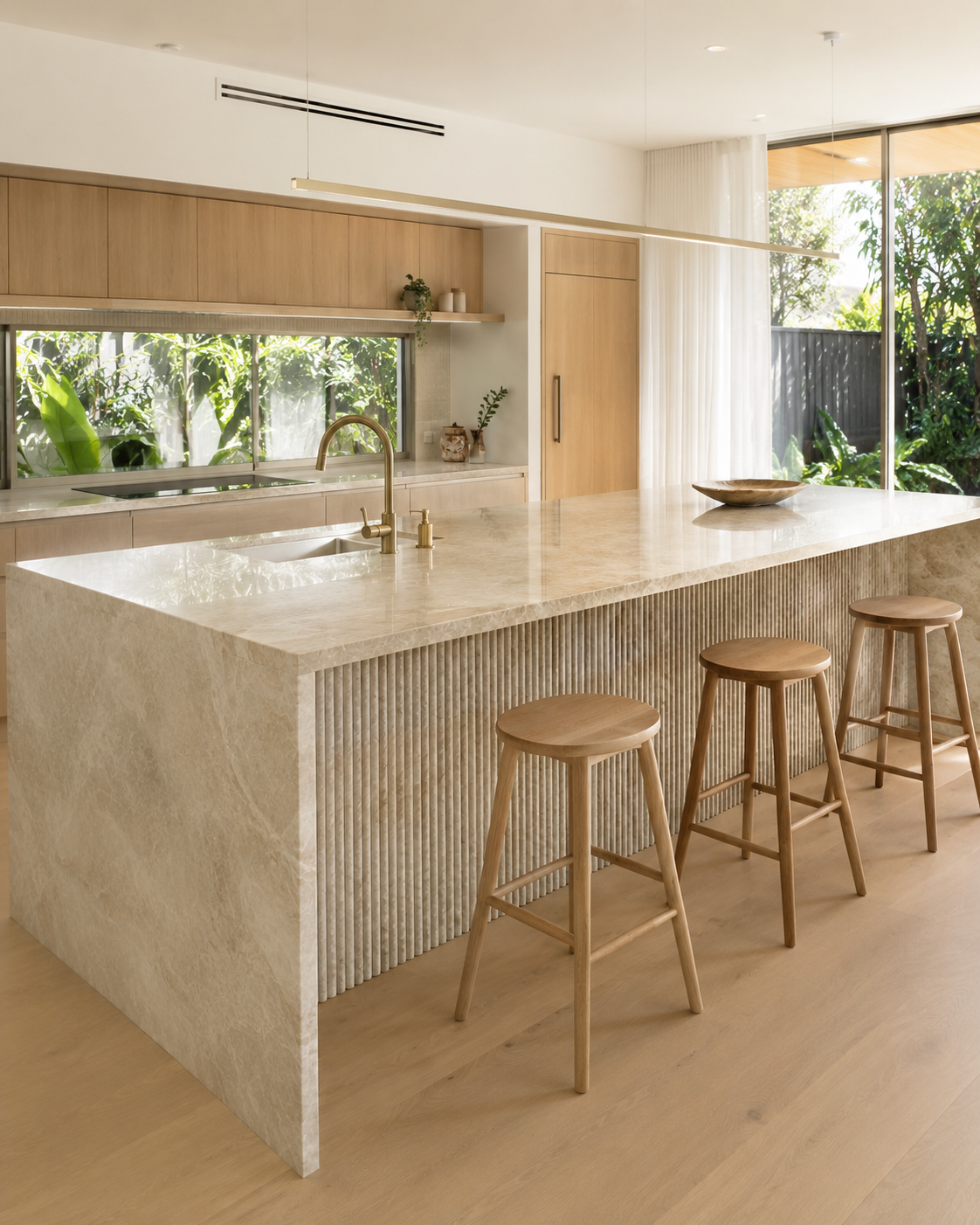 Modern kitchen island wrapped in Taj Mahal Quartzite fluted bench face with waterfall countertop