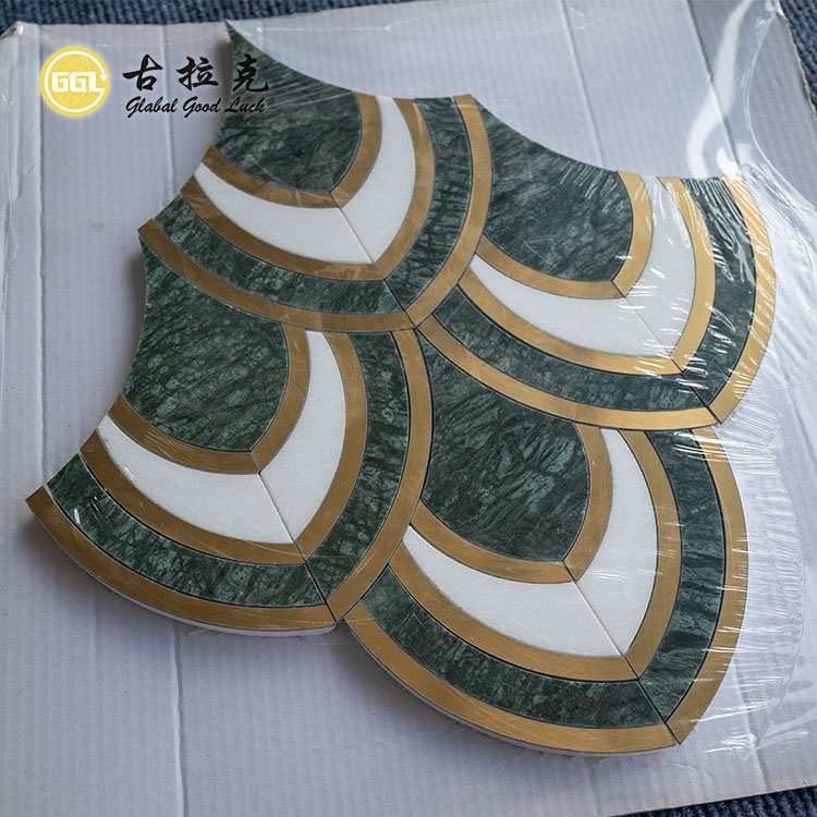 Fish Scale Fan Shape Green Marble Inlay Brass Waterjet Mosaic Tile