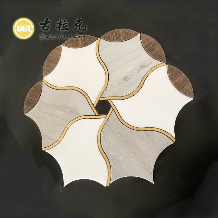 Flower Shape Parquet Feature Marble Waterjet Mosaic Inlay Brass Wall Tile