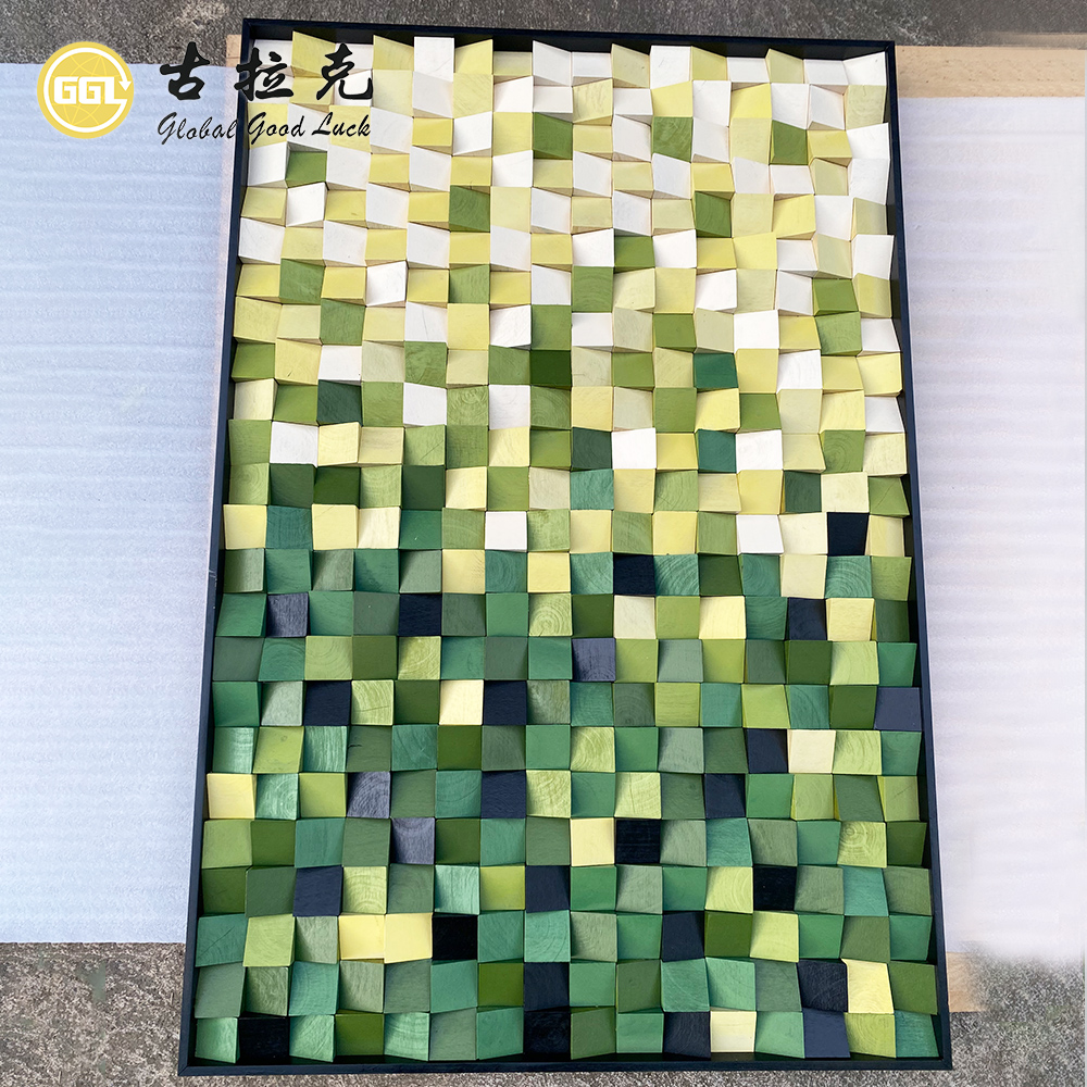 Handmade 3D Green Gradient Wood Mosaic Mural
