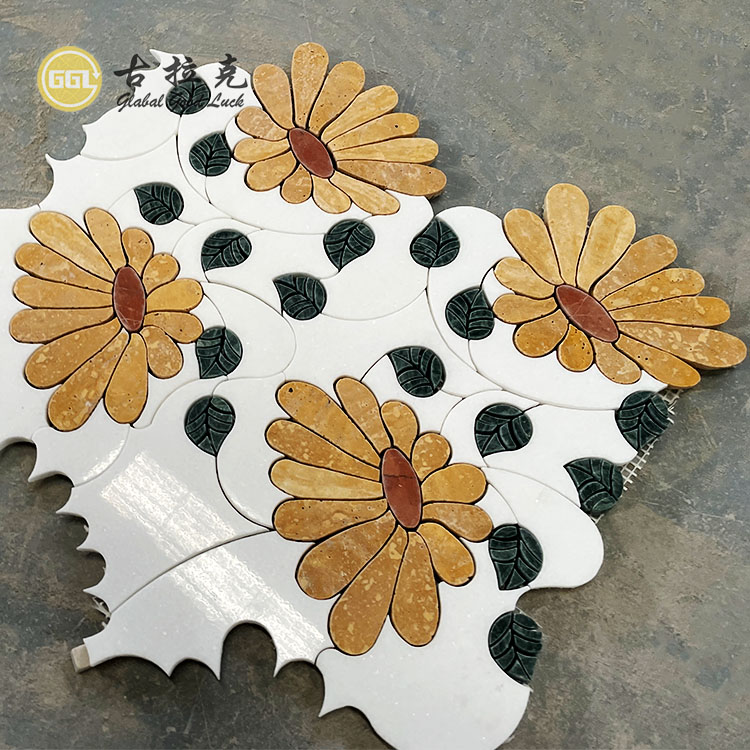 Elegante Sonneblom Mosaïek Tegel Water Jet Marmer Mosaïek vir Tuis Dekor