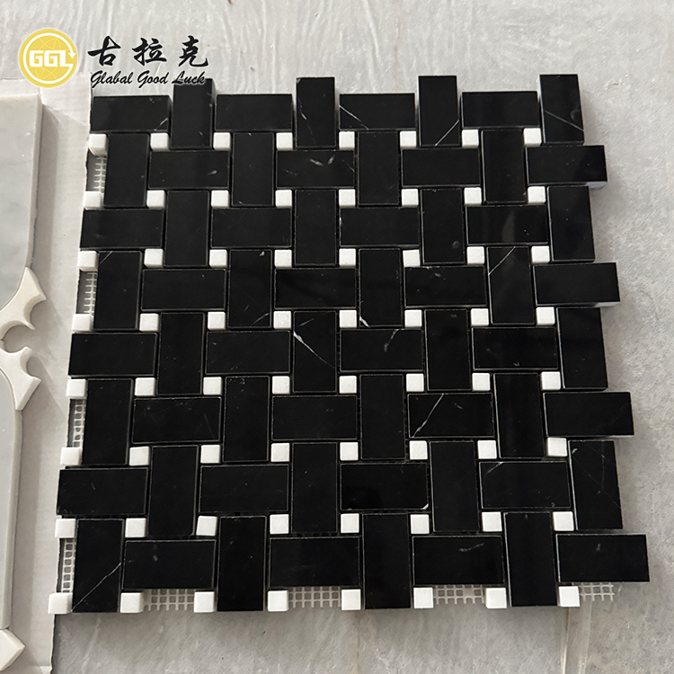 Nero Marquina Marmore & Wit Dots Mozaïekteël vir Huis Muur Vloer Versiering