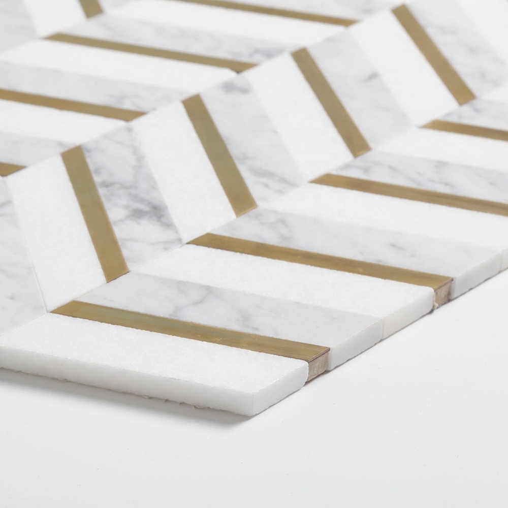 Natural White Marble Mix Brass Chevron Marble Mosaic Tile