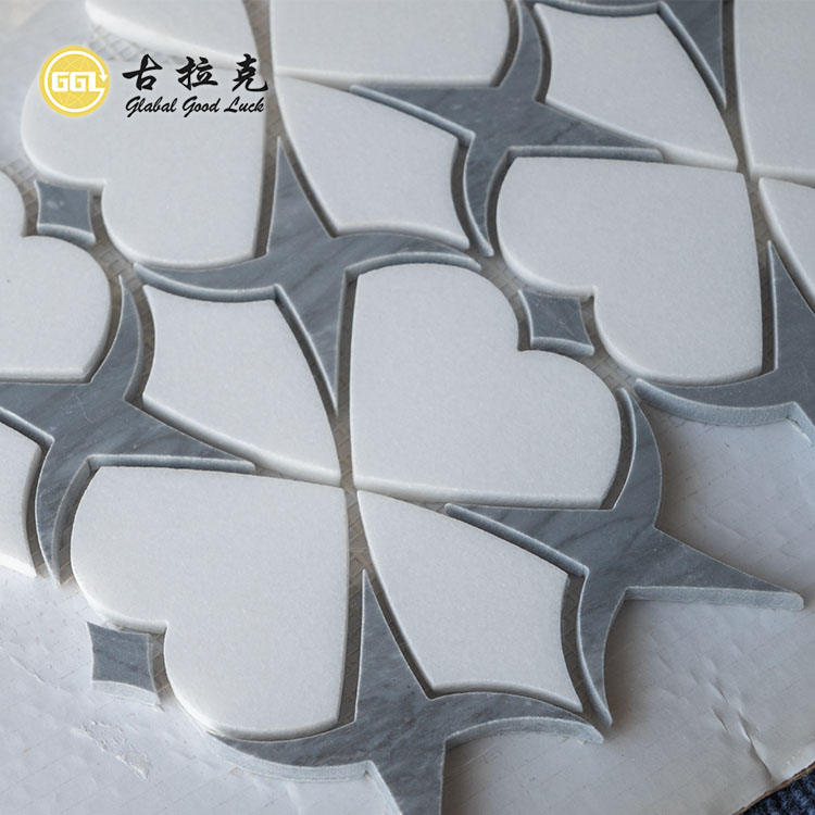 Baldosas de Mosaico de Parqué de Mármol Thassos Blanco con Mezcla Gris con Característica de Chorro de Agua para Piso y Pared