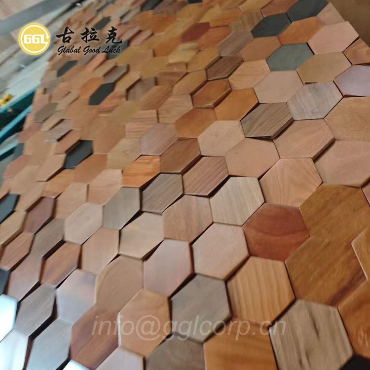 3D Hexagon Wood Mosaic Tiles – Natural Wooden Wall Panels for Interior Decoration