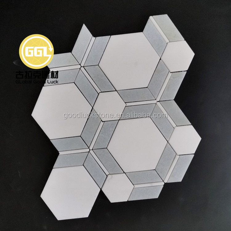 Xiamen Fabrik Lieferung Weiß-Grau Marmor Kombination von Sechseck- und Quadrat-Mosaikfliesen für Badezimmerwände/-Boden Dekoration