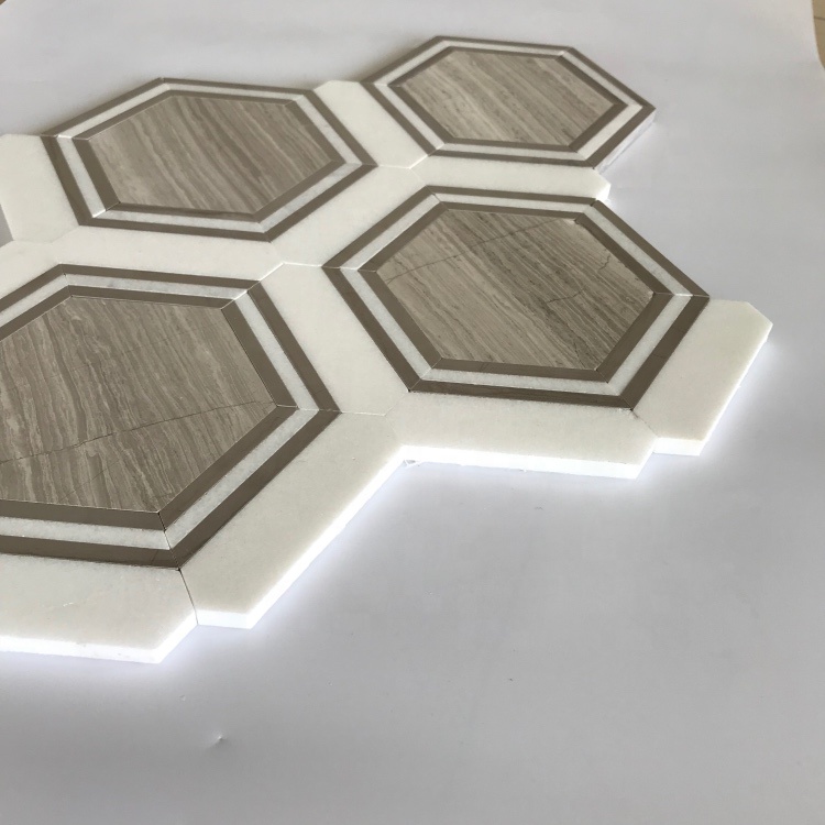 Atypical Marble Mosaic Tile Thassos White With Coffee Color Marble Wood Grain Mosaic Tile for Home/Kitchen Wall/Floor Decor