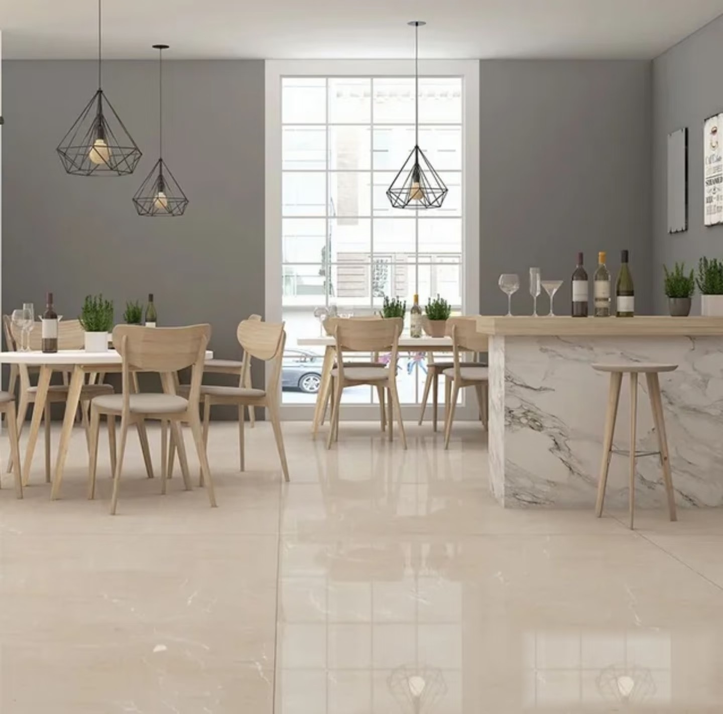 Botticino marble floor tiles in a bright dining and bar interior