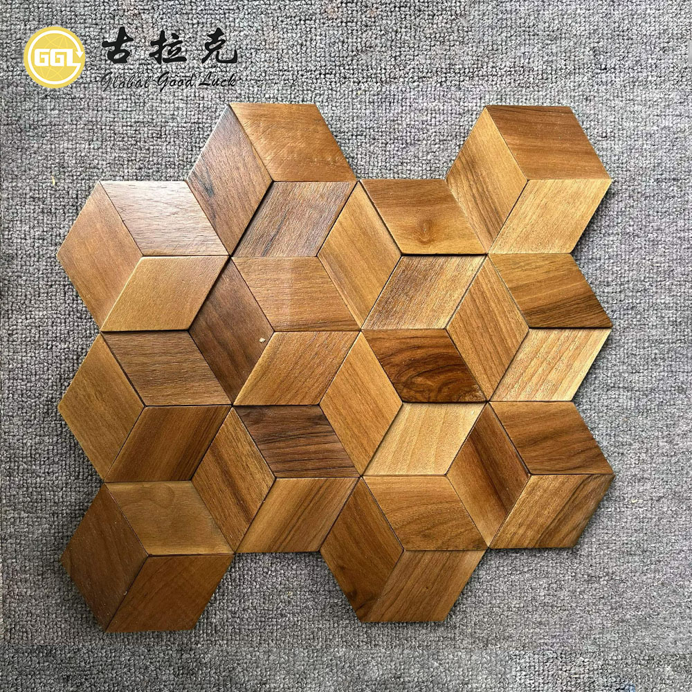 Ubin Mosaik Kayu Alami | Panel Dinding Mosaik Kayu Berbentuk Heksagon untuk Dinding Fitur Interior