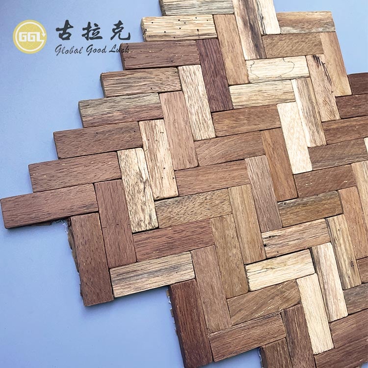 Natural Herringbone Wood Mosaic Tiles – Rustic Wooden Wall Panels for Interior Decoration