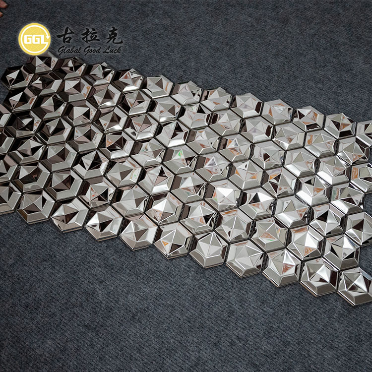 Glansende Oppervlak Heksagonale Metaal Mosaïek 3D Effek Vlekvrye Staal Decoratiewe Muur Tegels