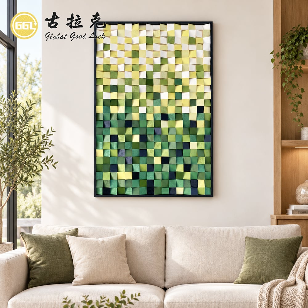 Handmade 3D Green Gradient Wood Mosaic Mural