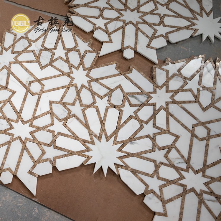 Modernes Design Marmor Stern Parkett Merkmale Wasserstrahl Mosaikfliese Für Wanddekoration