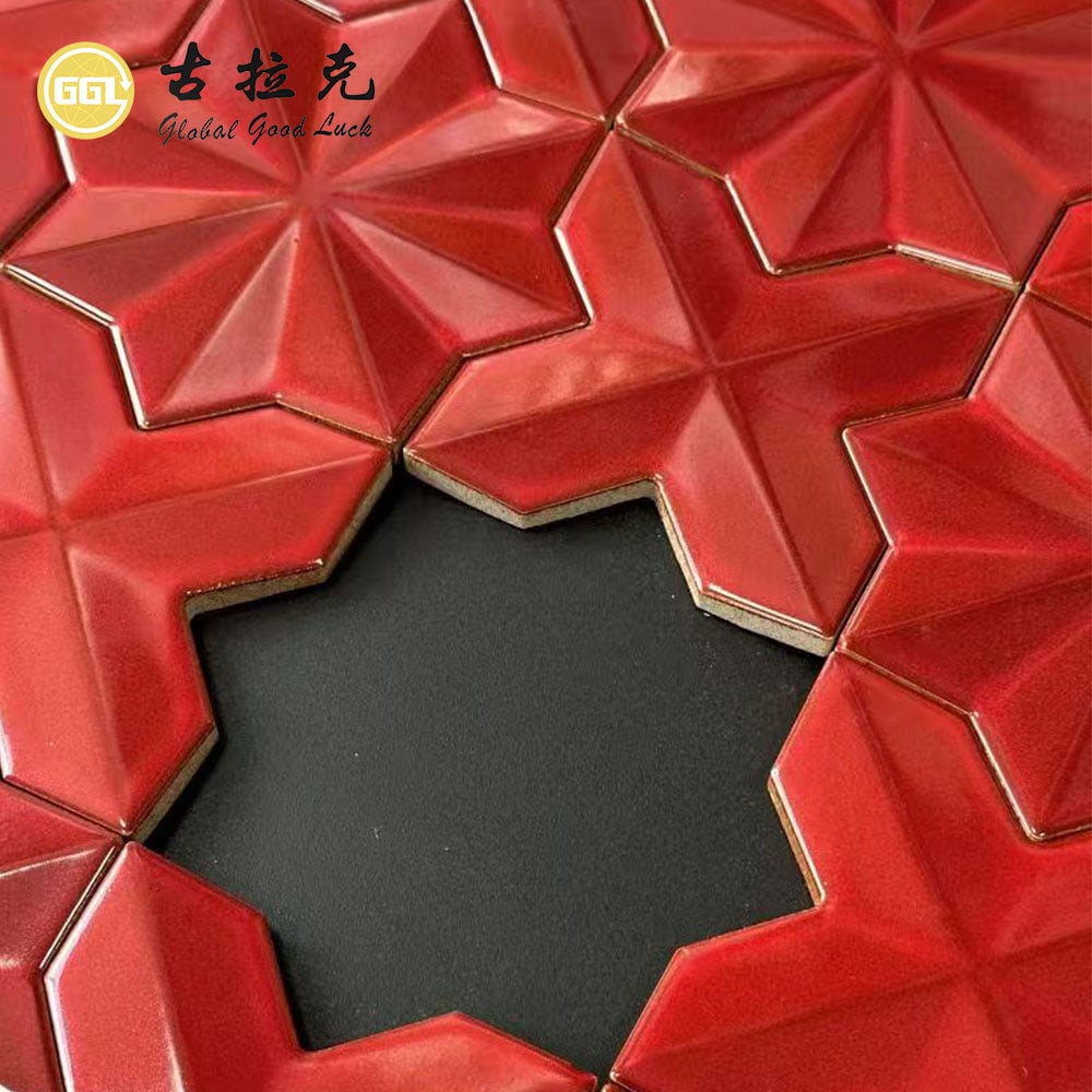 Red 3D Star Pattern Ceramic Mosaic Tile with Gold Accents for Decorative Walls