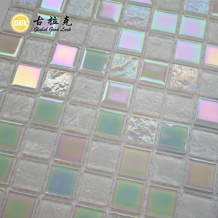 Backplash Wall Decor White Mix Green Rainbow Crystal Glass Mosaic Tile for Swimming Pool
