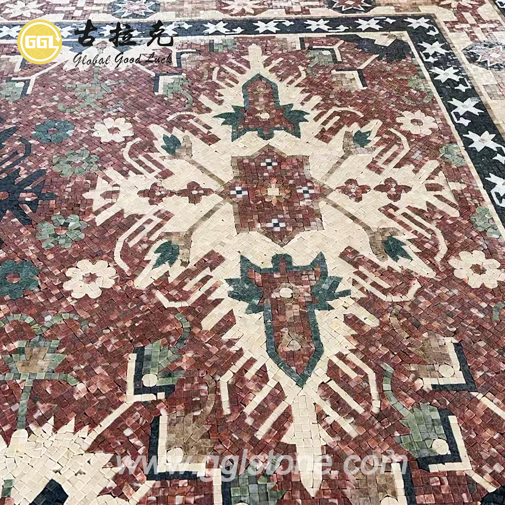 فسيفساء رخامية مقطوعة بالرشاش المائي | فن أرضيات رخامية فاخرة مصنوعة يدوياً