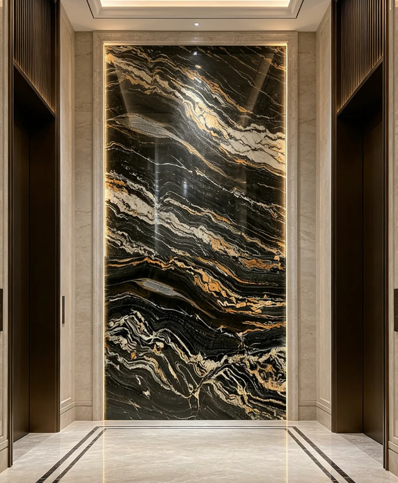 Gold Silk Granite feature wall in a luxury lobby